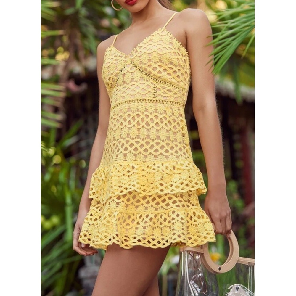 Lulus Beauty And Lace Womens Mini Dress S Crochet Yellow Back Zipper Lined